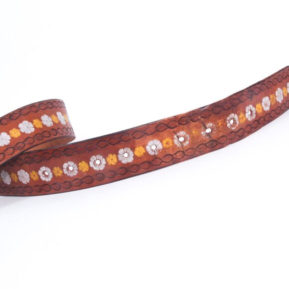 Cesar Ugarte Vintage Boho Western Painted Flower Hand Tooled Leather Belt, 30\